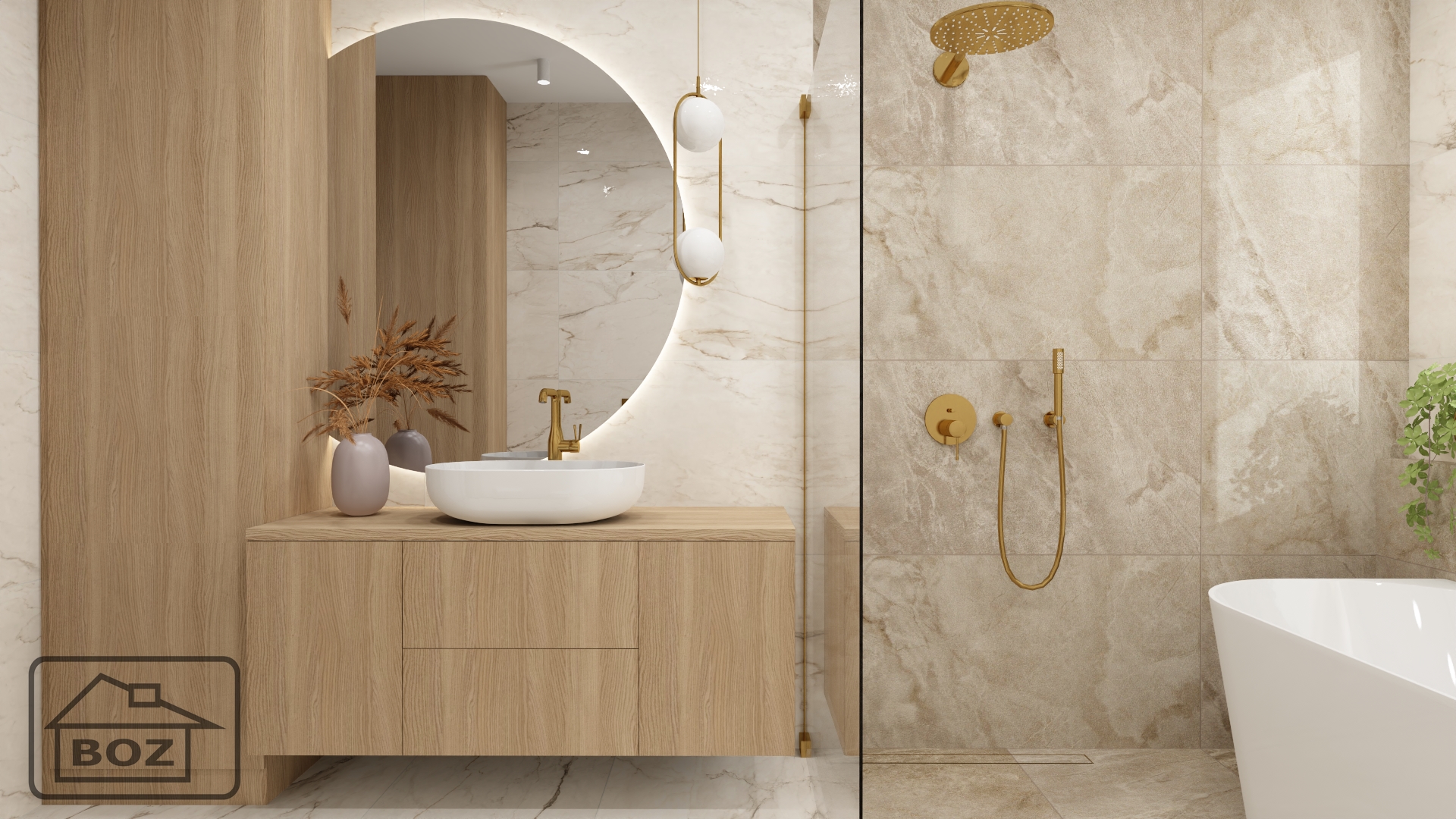 Aranżacja łazienki z funkcjonalnymi półkami z płytek