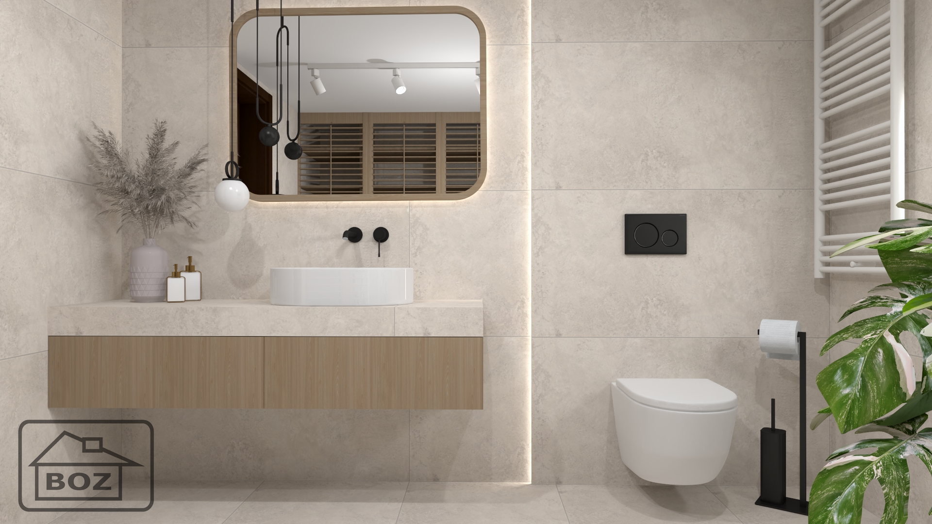 beżowa łazienka z drewnianymi dodatkami