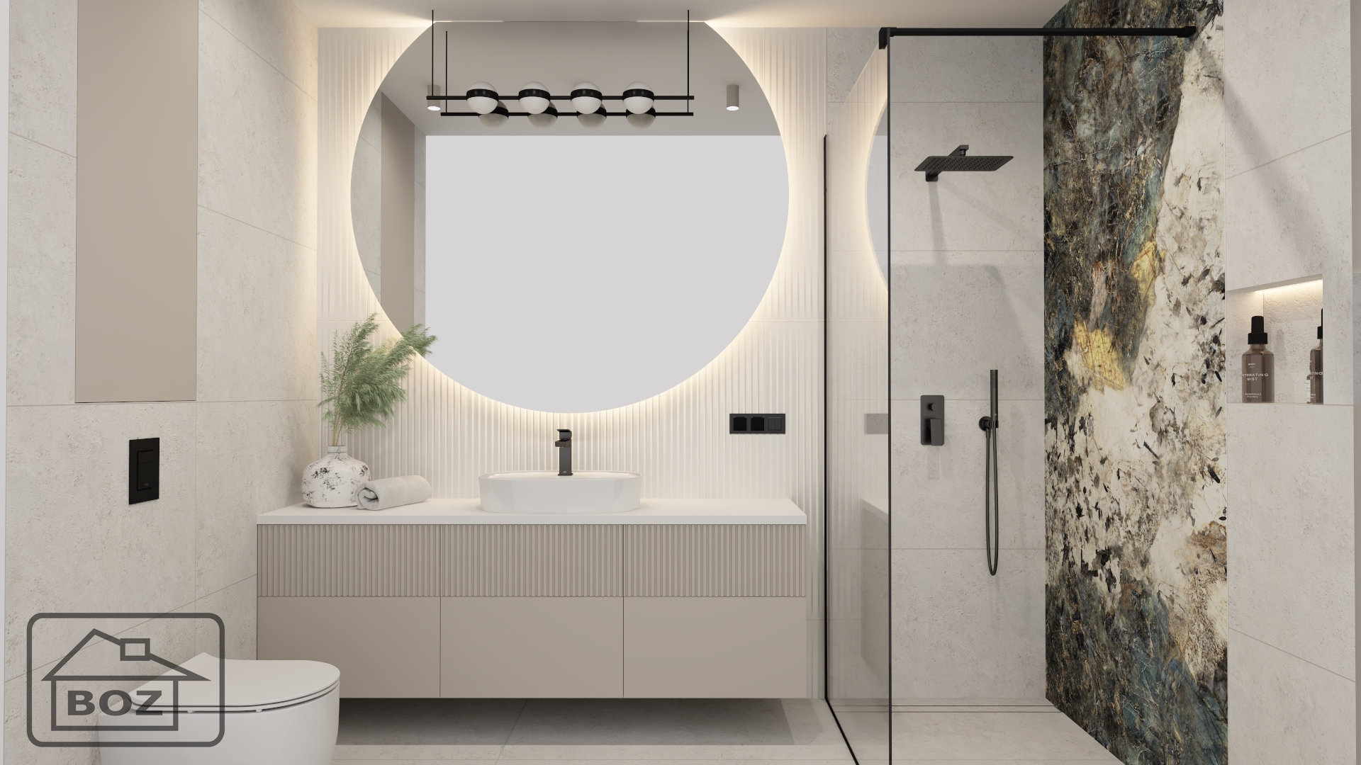 Łazienka z ryflowanymi płytkami i dużym lustrem